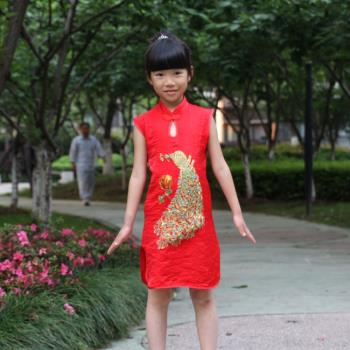 女童絲綢高檔刺繡公主炫彩旗袍