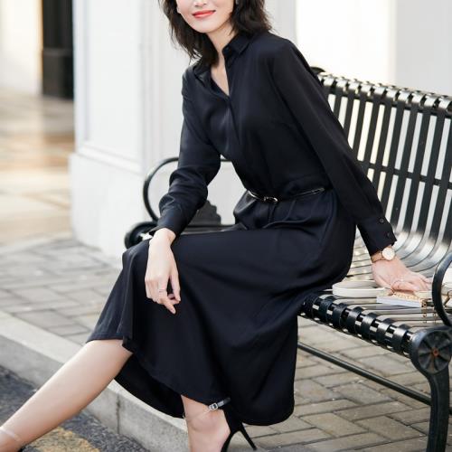 早春杭州修身長袖大擺裙重磅絲綢