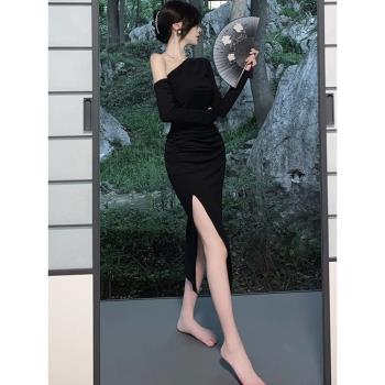 輕奢宴會小眾開叉黑色秋冬禮服裙