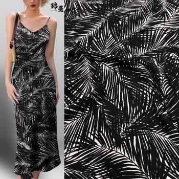 新品30姆米重縐黑白藝術棕櫚葉簡約真絲桑蠶絲連衣裙襯衫服裝布料