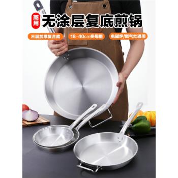 不銹鋼平底鍋單柄無塗層大小號商用迷你煎盤炒鍋鐵牛排復合底煎鍋