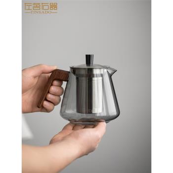 左茗右器耐熱玻璃壺煙灰色木把茶壺加厚側把壺茶水分離易泡壺單壺