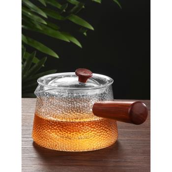 錘紋玻璃泡茶壺側木把花茶壺普洱過濾煮茶燒水壺中式耐高溫單壺