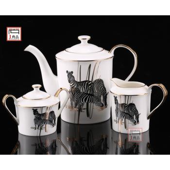 斑馬骨瓷咖啡具茶具套裝新中式輕奢樣板間茶幾咖啡具咖啡杯茶壺