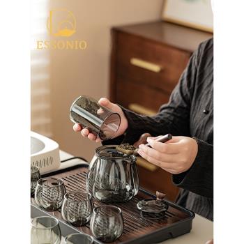 ESSONIO煙灰高檔玻璃功夫茶具套裝家用側把茶壺茶杯耐高溫泡茶器
