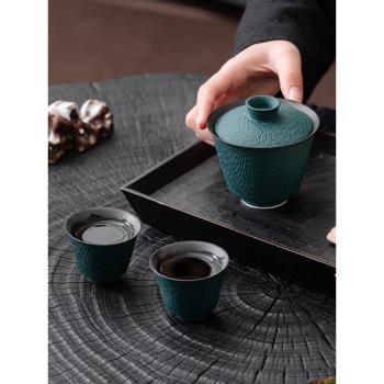 孔雀綠二才蓋碗茶杯套裝家用手工簡約陶瓷功夫茶具泡茶壺單個高檔
