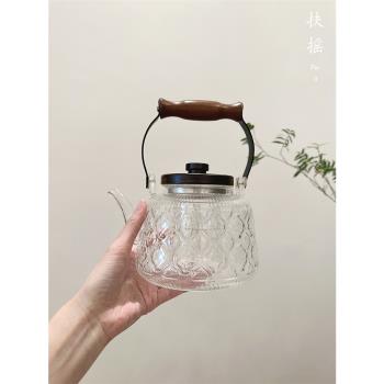 扶搖 高硼硅復古海棠花玻璃蒸煮一體胡桃木蓋大容量燒水壺煮茶壺
