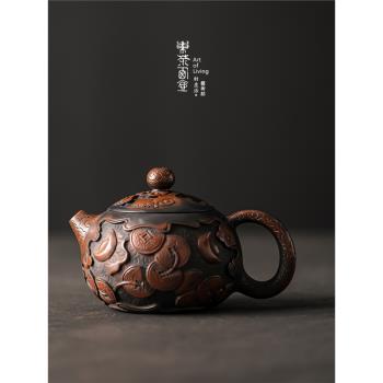 雲南建水紫陶茶壺全手工深雕金蟾西施壺功夫茶具熊亮輝手作泡茶器