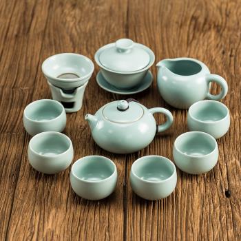 汝窯陶瓷功夫茶具家用套裝三才蓋碗蟬翼開片可養茶壺茶杯整套禮盒