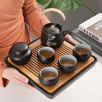 黑陶提樑壺功夫茶具套裝泡茶家用茶臺客廳茶盤整套喝茶杯陶瓷茶壺