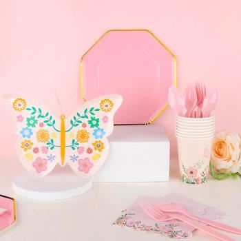 PanParty彩色花朵蝴蝶生日派對下午茶一次性紙盤粉色餐具家庭聚會