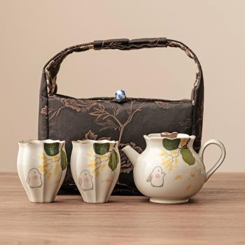 霜語草木灰月兔戶外旅行茶具一壺兩杯陶瓷茶壺茶杯便攜式功夫套裝
