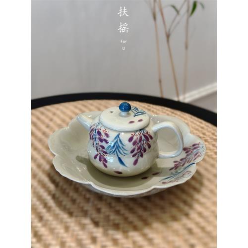 扶搖草木灰手繪紫藤花功夫茶壺釉下彩陶瓷葫蘆小品壺單人茶具套裝