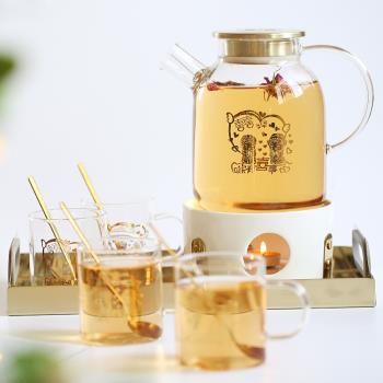 結婚茶具 玻璃花茶杯水果茶壺套裝帶過濾蠟燭加熱 歐式下午茶茶具