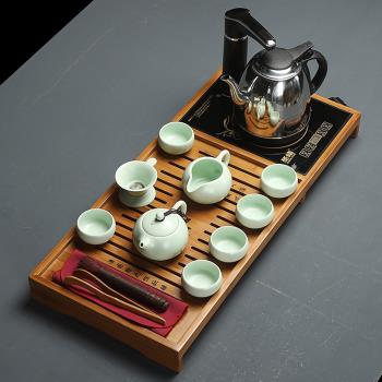 輕奢竹制茶盤套裝整套玻璃功夫茶具泡茶壺茶杯子家用茶海電磁爐
