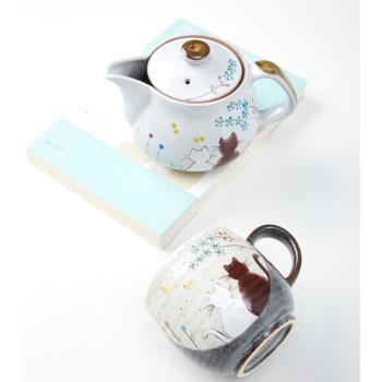 日本進口九谷燒陶瓷茶壺茶杯可愛情侶小貓咪復古日式帶濾網壺對杯