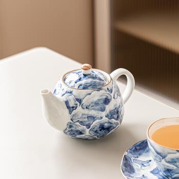 ENCAN陶瓷拉絲茶壺高顏值手繪牡丹花茶具釉下彩泡茶單壺好看水壺
