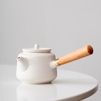 恬靜生活木柄側把日式泡茶壺家用現代陶瓷茶水分離壺功夫茶具套裝