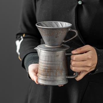 ENCAN粗陶咖啡壺套組復古鎏金釉咖啡杯家用手沖壺陶瓷高顏值茶壺