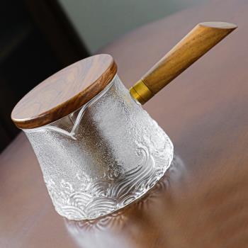 錘紋玻璃茶壺內置濾網耐高溫單壺茶水分離側把壺胡桃木蓋過濾內膽