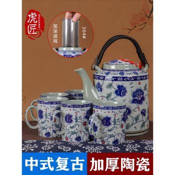 虎匠景德鎮陶瓷茶壺大容量復古青花瓷水壺套裝家用老式提樑壺茶具