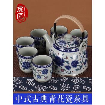虎匠景德鎮陶瓷茶壺大號青花瓷提梁壺家用泡茶套裝中式水壺茶具