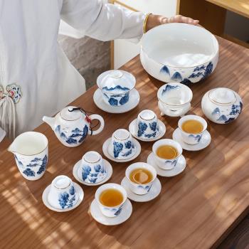 手寫繪蓋碗茶具套裝陶瓷茶杯茶壺羊脂玉家用簡約禮盒客廳中式