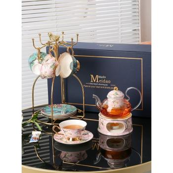 美道花茶具花茶壺玻璃蠟燭加熱煮茶英式下午茶養生茶具禮盒套裝