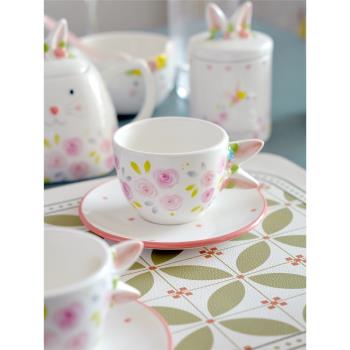 可愛兔子咖啡杯碟手繪陶瓷下午茶杯立體浮雕網紅下午茶具歐式杯碟