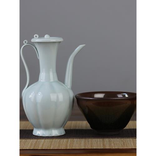 復古仿宋點茶湖田影青小號帶蓋瓜棱手執壺茶壺酒壺宋茶百戲斗茶具|茶壺