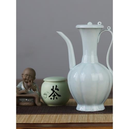 復古仿宋點茶湖田影青小號帶蓋瓜棱手執壺茶壺酒壺宋茶百戲斗茶具|茶壺