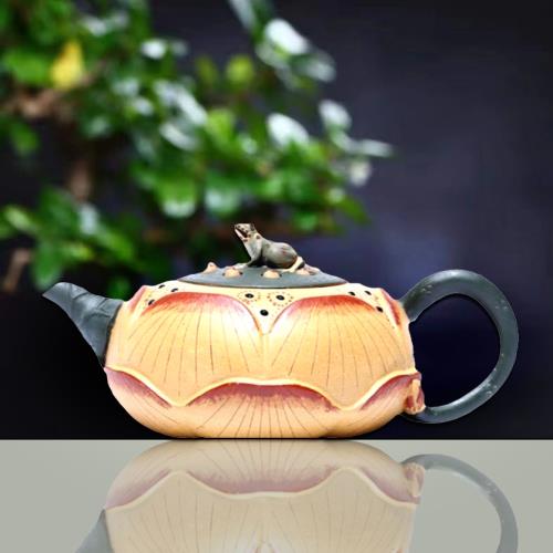 全手工宜興原礦黃段泥青蛙蓮子紫砂壺大容量金蟾蓮花茶壺仿生花器|茶壺