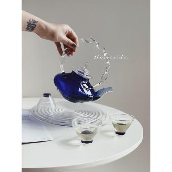 Homeside冰藍茶壺復古扭紋提手高硼硅耐熱玻璃功夫茶具套裝