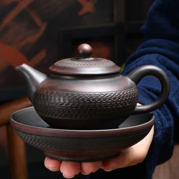詠墨紫陶側把功夫泡茶壺茶杯茶具套裝家用手工單壺復古簡約小茶壺
