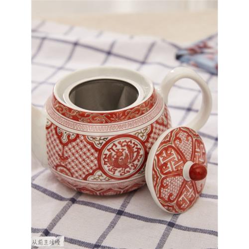 日本進口九谷燒赤繪金彩鳳凰圖急須日式陶瓷茶道茶具茶壺后手壺|茶壺