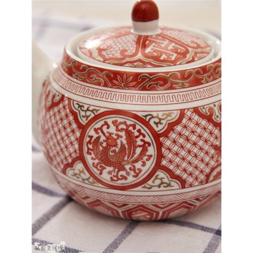 日本進口九谷燒赤繪金彩鳳凰圖急須日式陶瓷茶道茶具茶壺后手壺|茶壺