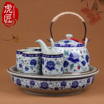 虎匠景德鎮陶瓷茶具套裝家用客廳整套中式青花瓷復古泡茶茶壺大號