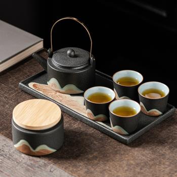 日式復古粗陶茶具套裝陶瓷提梁茶壺茶杯家用辦公會客功夫泡茶小套