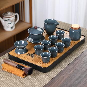 哥窯可養開片功夫茶具家用會客陶瓷茶壺蓋碗整套純色復古中式禮盒