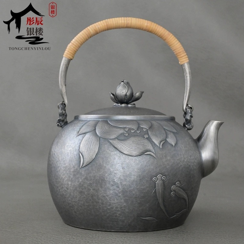 銀壺純銀999燒水壺家用煮茶壺純手工一張打荷花金魚復古足銀茶壺|茶壺