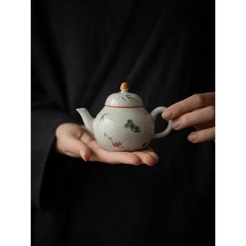 秘青釉手繪雅植茶壺 家用泡茶手執壺竹葉球孔過濾陶瓷松枝泡茶壺