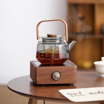 玻璃茶壺燒水壺胡桃木電陶爐白茶花茶煮茶壺小型電熱茶爐圍爐煮茶