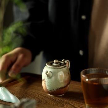 柴燒色落灰釉小茶壺景德鎮純手工陶瓷茶具復古開片窯變單壺泡茶器