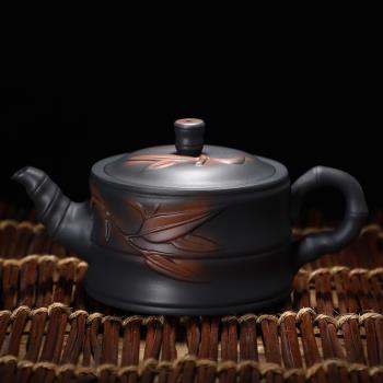 紫陶浮雕竹節壺高檔茶壺泡茶家用陶瓷泡茶壺單壺功夫茶具單人復古