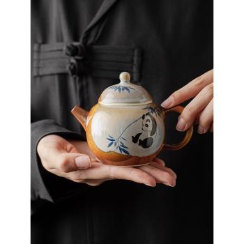 手繪柴燒泡茶壺家用陶瓷單壺濾網老式大容量手工功夫茶具復古熊貓