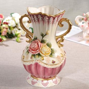 水罐鮮花花插水培植物大號陶瓷歐式落地花瓶浮雕玫瑰雙耳大花瓶