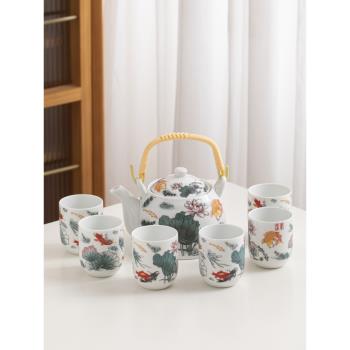 中式提梁壺茶具套裝陶瓷家用白瓷茶壺茶杯整套一壺六杯現代簡約
