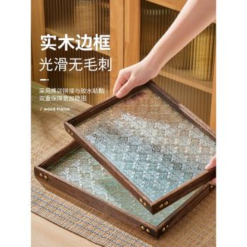 日式木質托盤早餐海棠花玻璃長方形茶盤家用茶水杯子茶具點心托盤