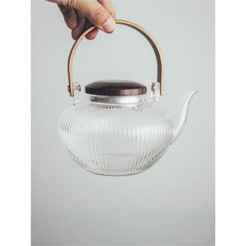 半宅日式花茶壺豎條紋耐熱玻璃水果茶壺下午茶具帶過濾提梁燒水壺