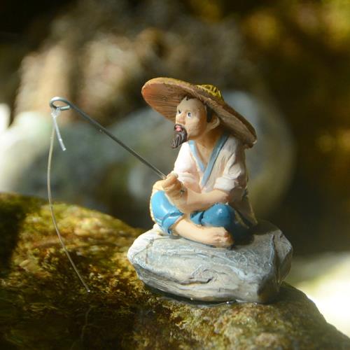 盆景擺件裝飾古裝釣魚老翁微景觀人物庭院樹脂假山仿真